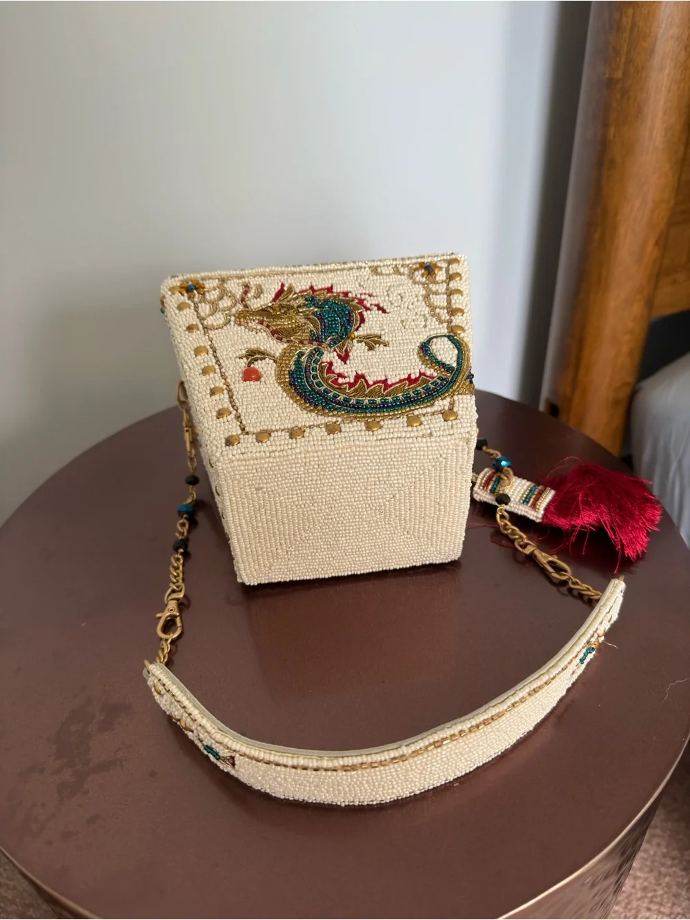 Mary Frances Fully Beaded Ivory Dragon Evening Clutch with Red Tassel NWOT - Picture 6 of 6